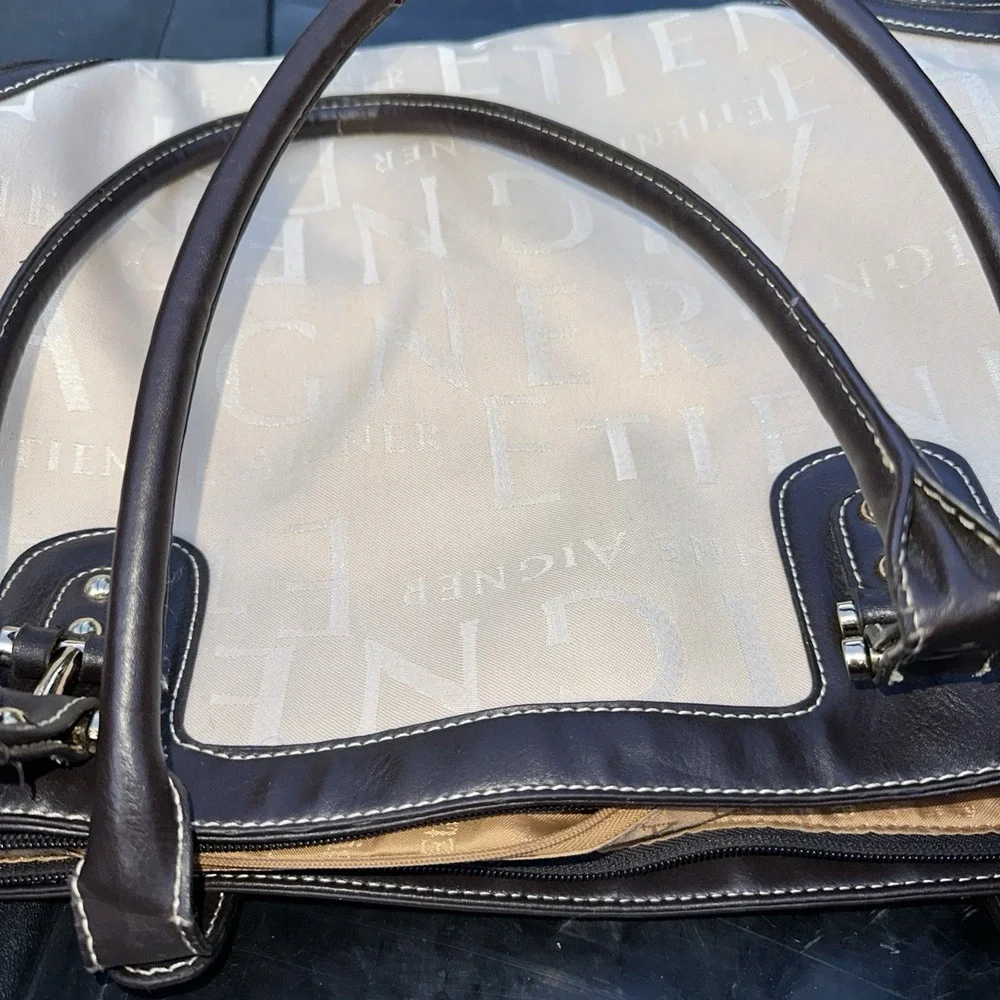 Etienne Aigner Large Satchel Handbag Beige Tote Shoulder Bag Leather Trim‎